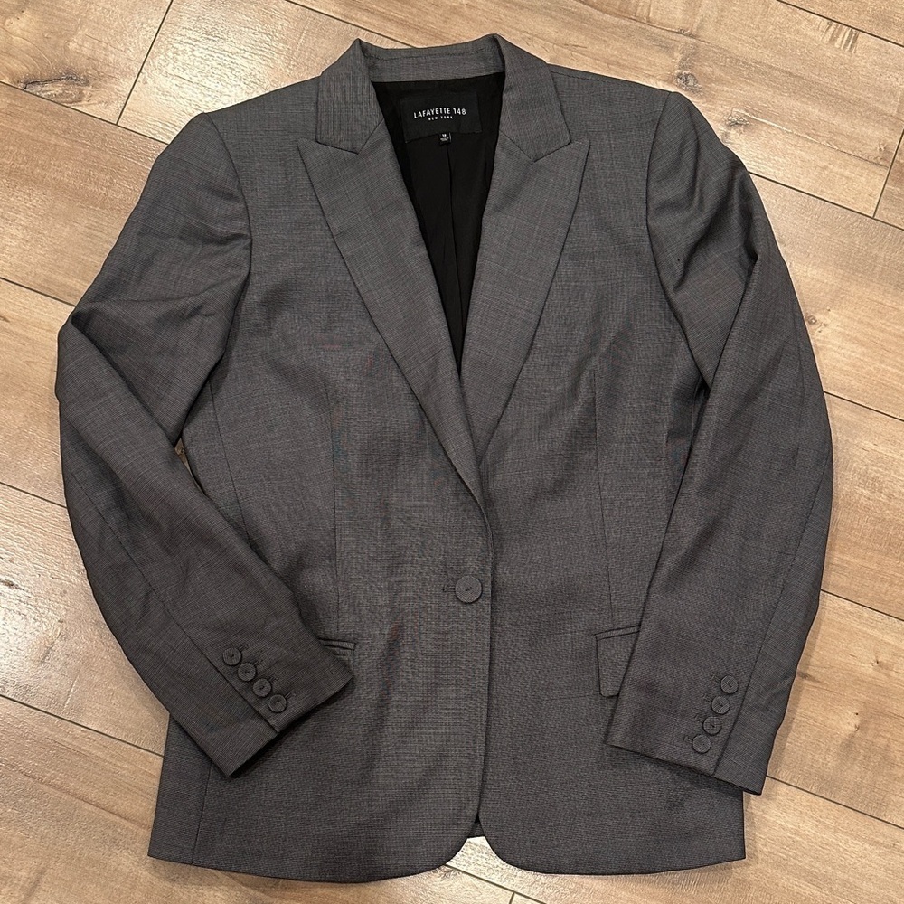 Lafayette 148 New York Virgin Wool Gray Striped One Button Blazer Sz 12